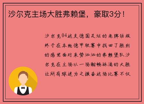 沙尔克主场大胜弗赖堡，豪取3分！